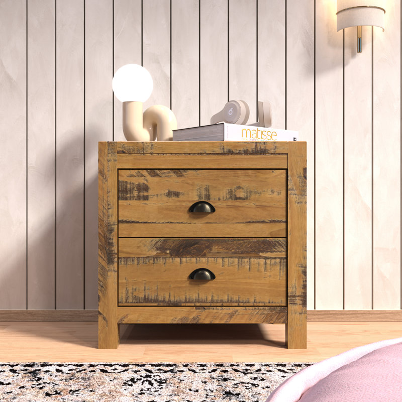 Table de chevet compacte 2 tiroirs Hibir, Chêne bois flotté