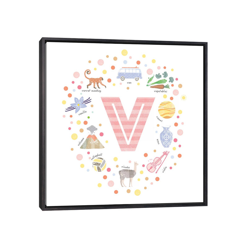 Lettre V - impression d'art graphique, Pas de tapis, Toile avec cadre noir patiné, H 26 po x l 26 po x P 1,5 po