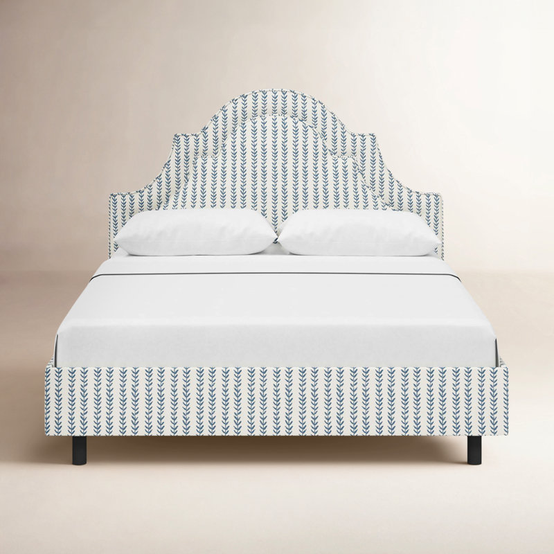 Knipe Upholstered Scalloped Bed, King, Vine Stripe Dusty Blue