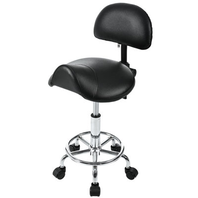Saddle Stool With Back Support And Foot Rest, 360 Rotating Rolling Adjustable , For Long - Term Work In Spa Tattoo Black, Pu Leather Surface, 12.2" Rest Ring Diameter Ring, Ergonomic Rotation,