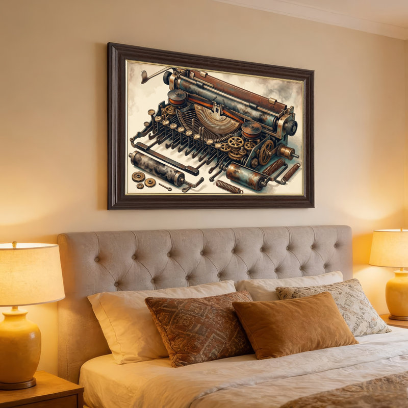 Art mural antique sur toile encadré doré pour le salon, la chambre à coucher, le bureau ou le vestibule - décoration murale décorative avec machine à écrire Steampunk