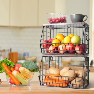 2Pcs Fruit Basket Kitchen Storage Basket With Wood Lid, Stackable Wall Basket Fruit Basket For Kitchen, Countertop Organizer For Snack, Fruit And Veggie Storage, 11.8 X 7.9 X 8.5 Inch