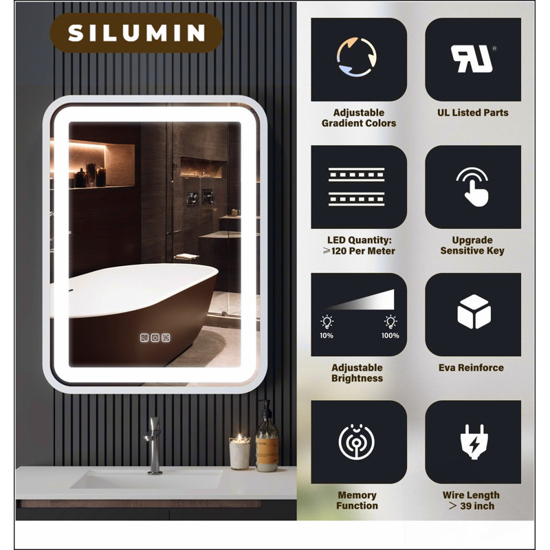 Miroir de salle de bain intelligent à DEL avec 3 couleurs à intensité variable, antibuée et fonction mémoire pour une utilisation au-dessus du lavabo