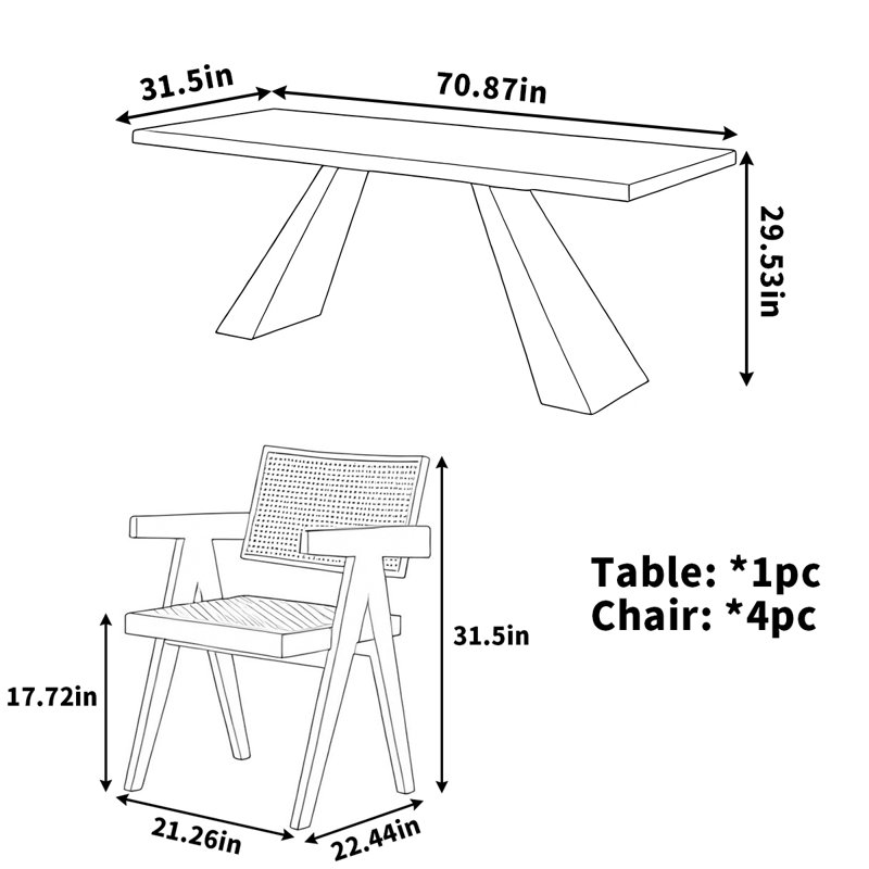 Table de salle à manger en bois massif frêne noir simple, Noir, noir, noir, noir, H 29,53 po x L 70,87 po x l 31,5 po