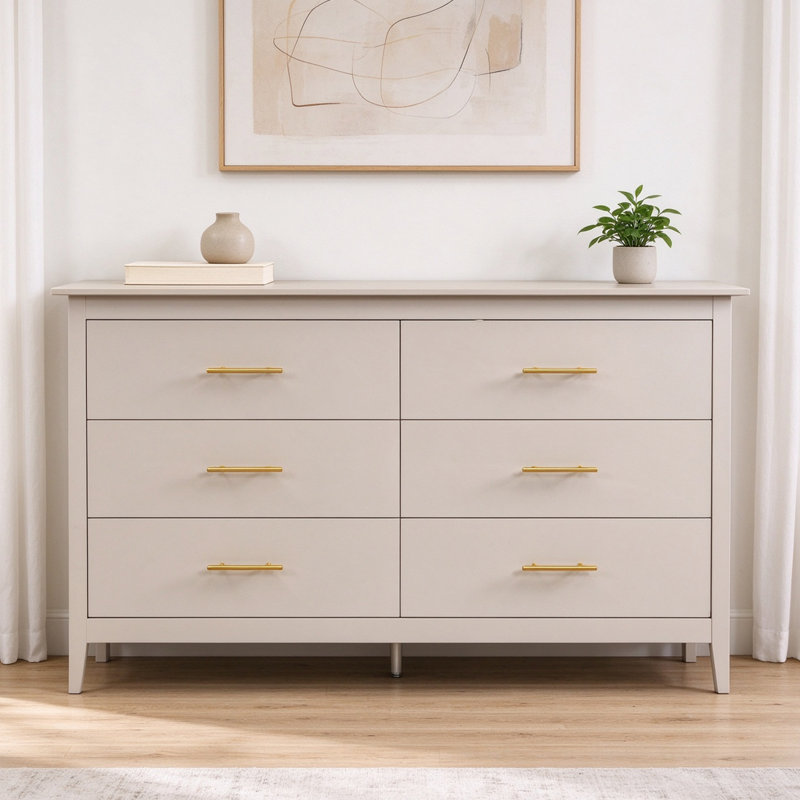 Wide 6 Drawer Chest of Drawers, Cashmere Bedroom Dresser with Gold Handles, Storage Cabinet with Raised Legs for Bedroom & Living Room