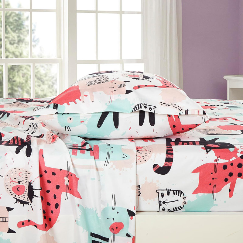 Microfiber Cartoon Cats Sheet Set, Twin Sheet Set + 1 Fitted Sheet + 1 Pillowcase