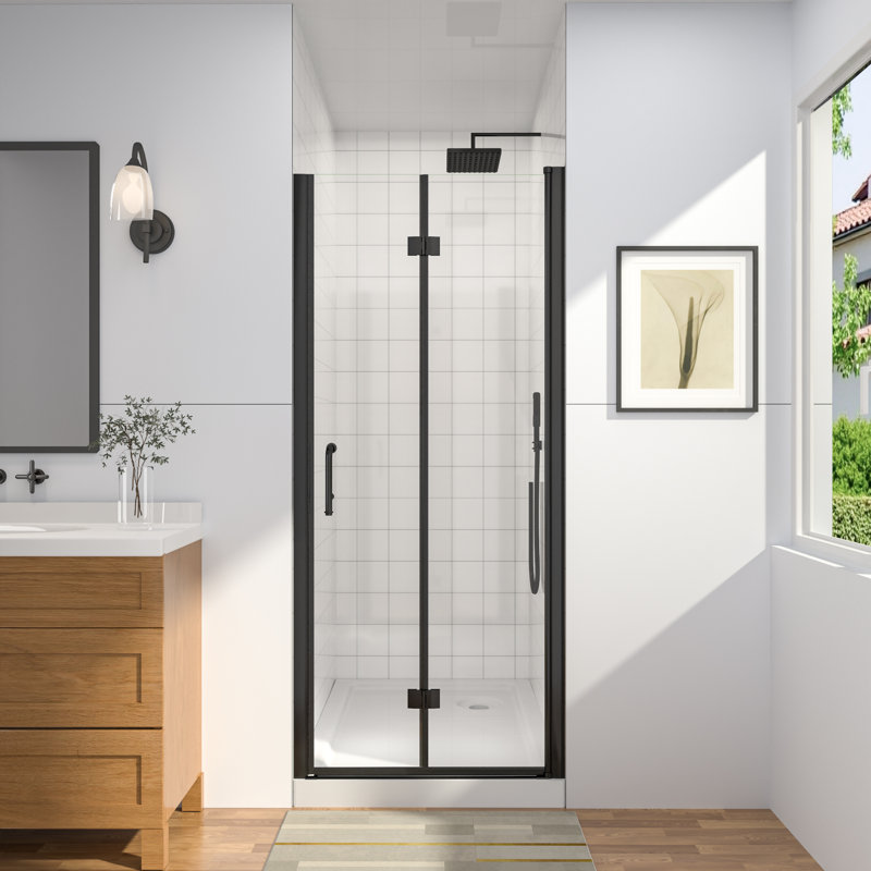 Porte de douche en verre pliable sans cadre l 32-34 po x H 72 po, porte de douche pliante sans cadre, Noir