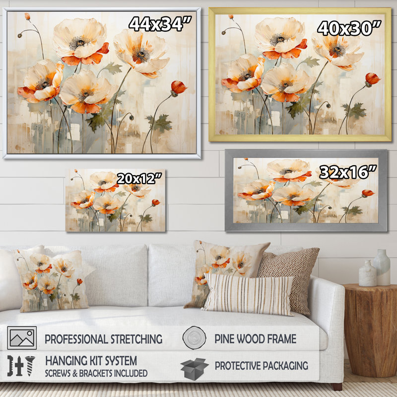 Beige «Poppy Meadow Melody II», art mural coquelicots, Toile tendue, H 16 po x l 32 po x P 1 po