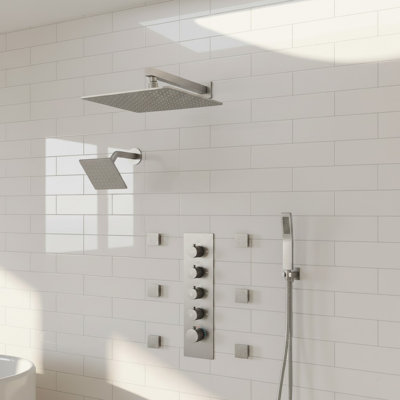 Thermostatic Dual Showerheads System, Wall Mount 16" High-Pressure Rainfall Shower Faucet with Handheld Spray and Body Jet