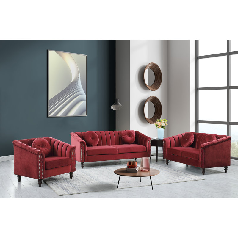 Caesyn 3-Piece Velvet Living Room Set, Burgundy Velvet