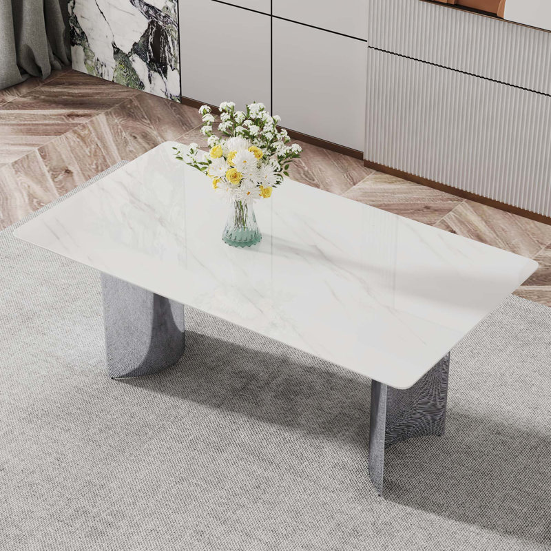 Table de salle à manger en verre marbré (table seulement), H 29,5 po x L 71 po x l 39,3 po, Argent argent, Blanc