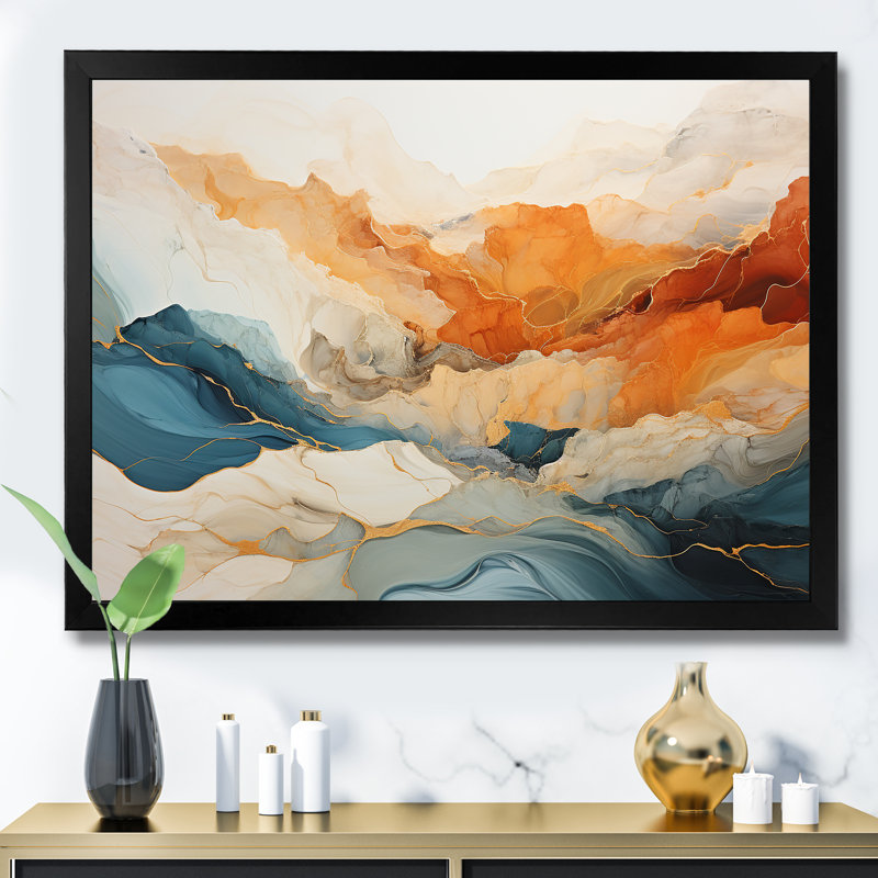 Abstrait orange et bleu rivière encre - art mural abstrait en marbre, Cadre photo unique, H 16 po x l 32 po x P 1 po, Black