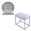 Tabouret de coiffeuse minimaliste moderne en fausse fourrure blanche avec structure en métal chromé et miroir rond haute définition