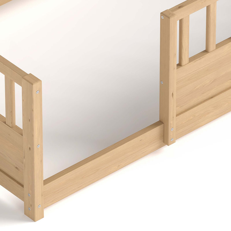Lit en bois avec garde-corps de clôture et fonction de rangement latéral, Natural, Twin