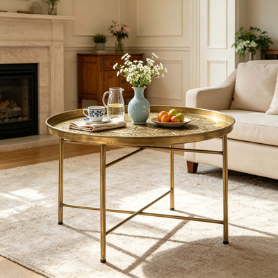 Center Table,Side Table with Hammered Floral Pattern Top,End Table,Round Coffee Table,Multi-Functional Circular Center Table for Living Room and Tea Time(Only Center Table)