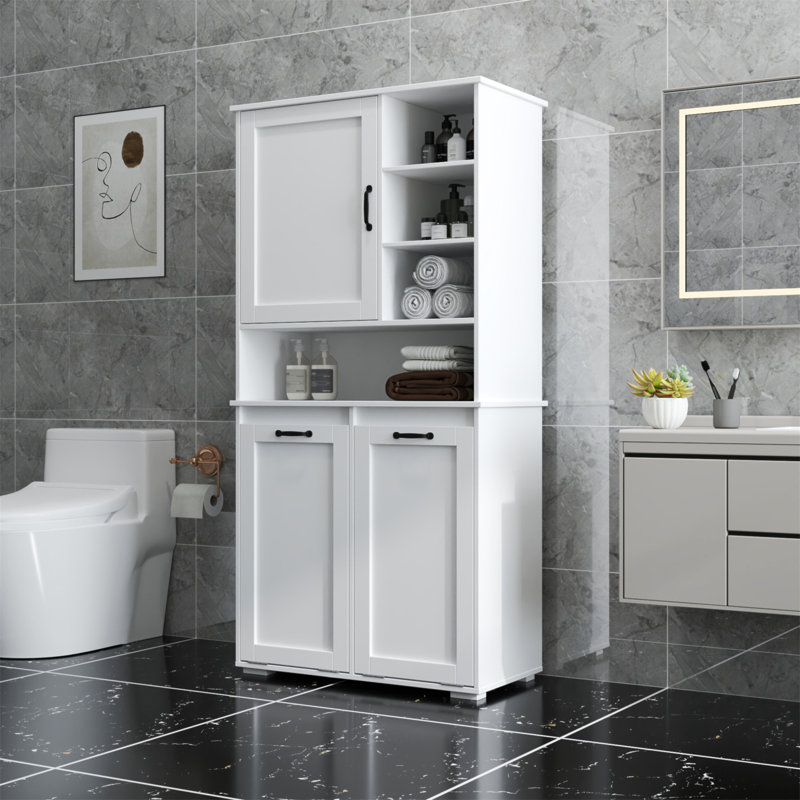 Armoire à linge autoportante avec panier inclinable, tablettes réglables et compartiments de rangement multiples pour une vie organisée