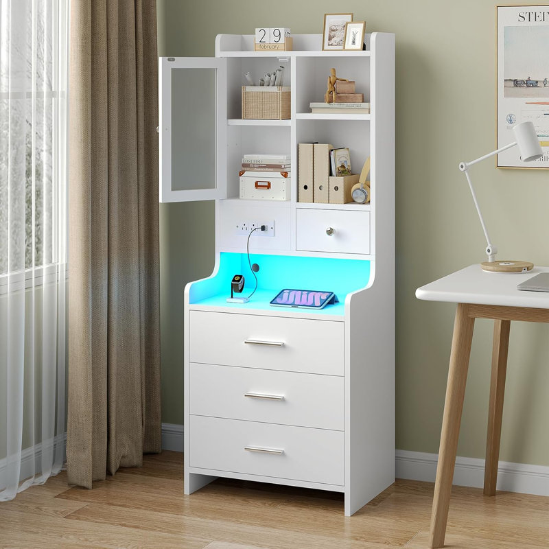 Tall Night Stand With Charging Station And Led Lights,49.2" Nightstand With Bookshelf,adjustable Shelf With Glass Door, Gray Bedside Table With Drawers,end Side Table For Bedrooms
