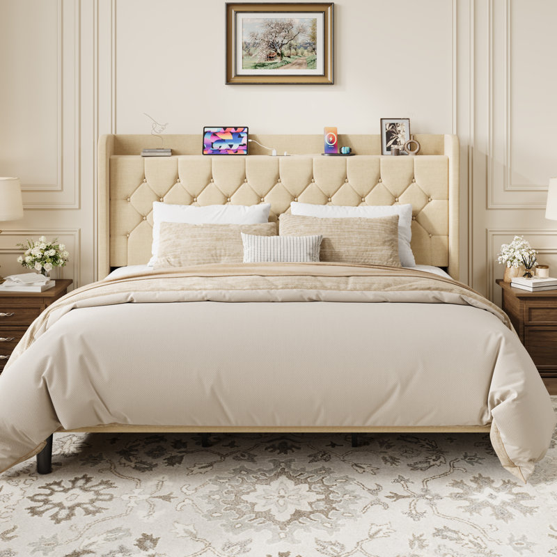 Modern Tufted Upholstered Bed In Velvet Or Linen With Charging Station & Headboard Shelf, High Clearance Under Bed Storage