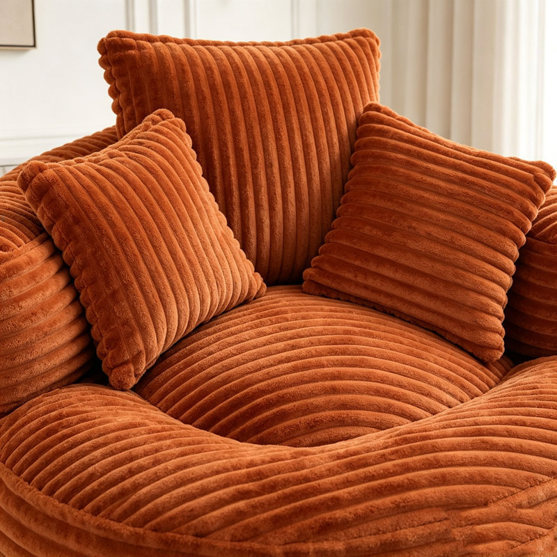 Pouf individuel avec 3 coussins et accoudoirs, Velours côtelé orange