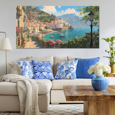  Large Amalfi Coast Canvas Wall Art, Mediterranean Italian Painting Italy Wall Artwork, Serene Coastal Italy Decor Scenic Watercolor Italian Landscape for Living Room Bedroom 16x32"