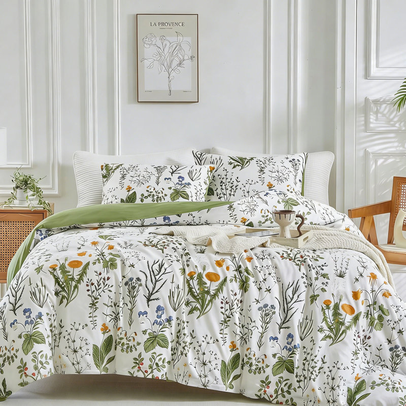 Floral Duvet Cover Set, Kingsize Duvet Cover + 2 Pillowcases, White/Green/Orange Floral