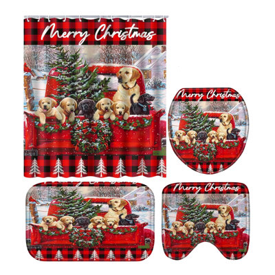 Christmas Bathroom 4 Piece Set With Puppy Shower Curtain, Non-Slip Bath Mat, U-Shaped & Toilet Lid Cover, 12 Hooks
