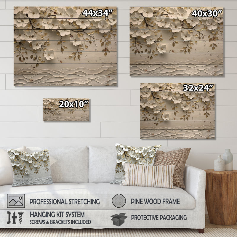 Wildflowers Golden Creamy Blossom Tree - Wildflowers Wood Wall Art - On Natural Pine Wood, 24" H x 32" W x 0.78" D