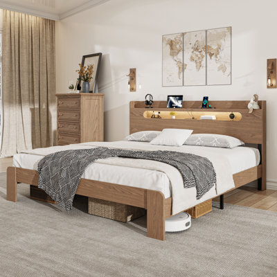 Farmhouse Wooden Bed Frame with Storage Headboard, Wood Bed Frame with Charging Station & Led Lights