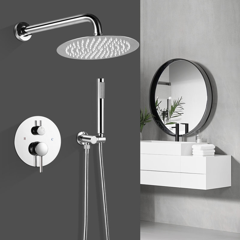 Modern Round Shower System, Rain Shower Head with Handheld Spray, Shower Faucet Set, Chrome