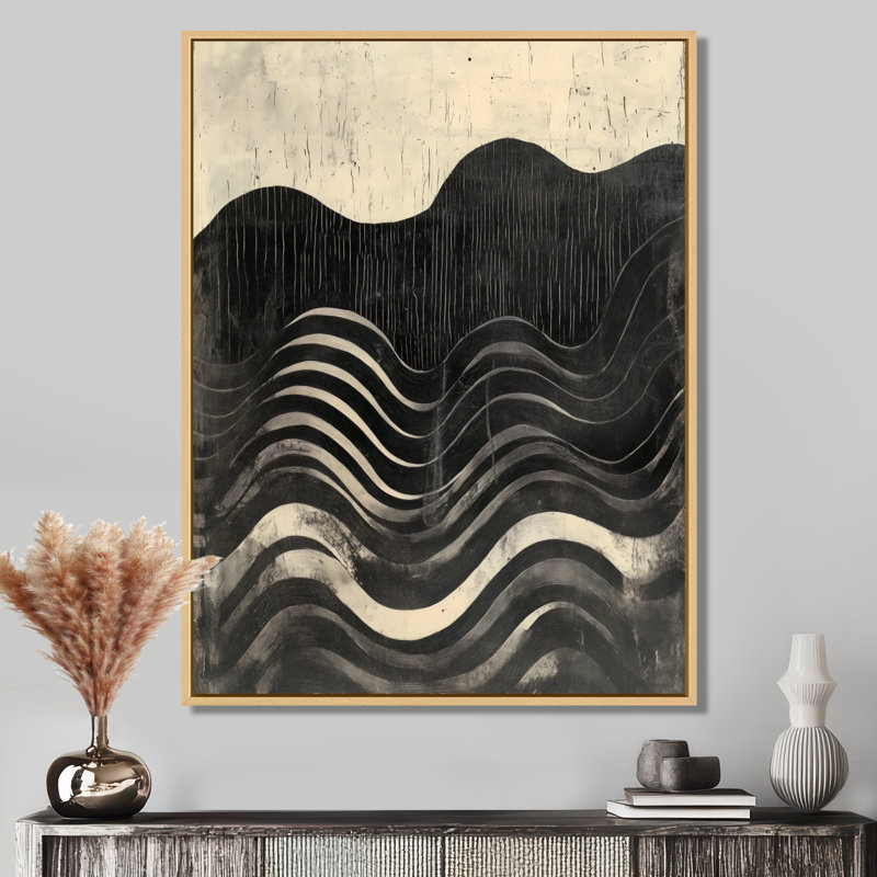 Horizons Fluides VI - Tableau abstrait noir et beige représentant un paysage pour le salon, H 32 po x l 24 po