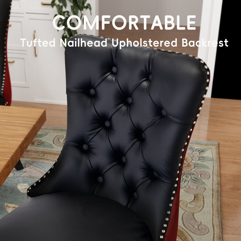 High-end Tufted Velvet Upholstered Nailhead Dining Chair, Black/Red, Golden