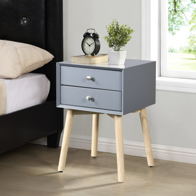 Table de chevet Mid-Century moderne avec 2 tiroirs et pieds en bois d'hévéa résilient, teinte grise sur 2 côtés pour la chambre à coucher
