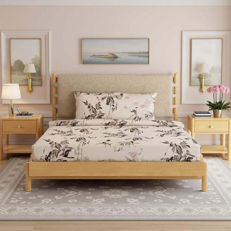 Structure de lit, lit plateforme en bois massif avec tête de lit, Beige, Grand lit
