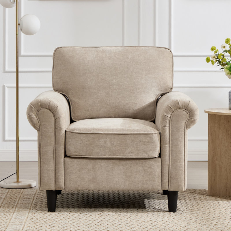 Upholstered Chenille Accent Chair Modern Faux Leather Rolled Armchair, Khaki Chenille
