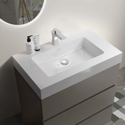 Meuble-lavabo autoportant en noyer avec évier, grand meuble-lavabo autoportant avec rangement pour salle de bain moderne, lavabo une pièce sans drain ni robinet, pré-assemblé