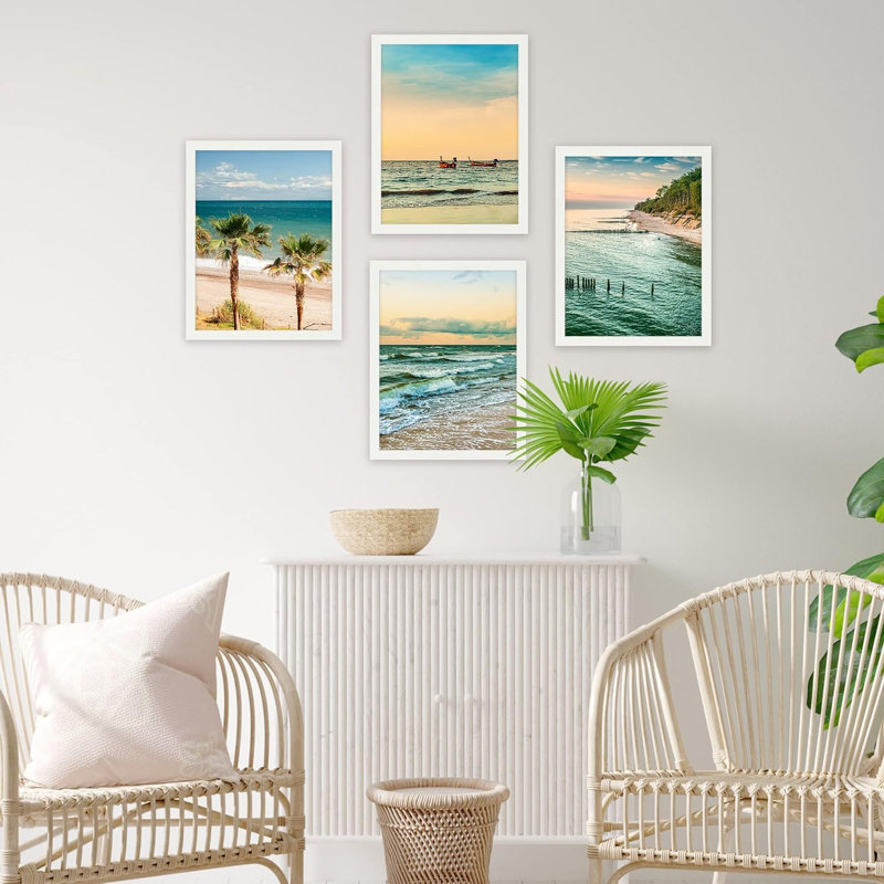 «Tropical Beach Palm Tree Sunset Ocean Oasis», ensemble de 4 impressions murales colorées, encadrées sur papier, 4 pièces