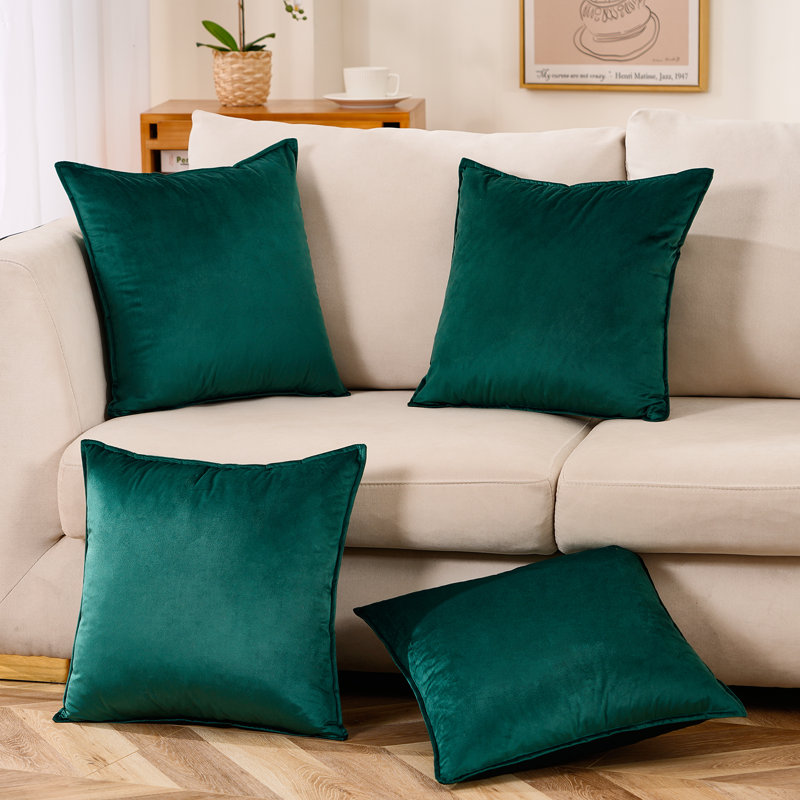 Set Of 4 Throw Velvet Cushion Covers, Dark Green, 22"H x 22"W