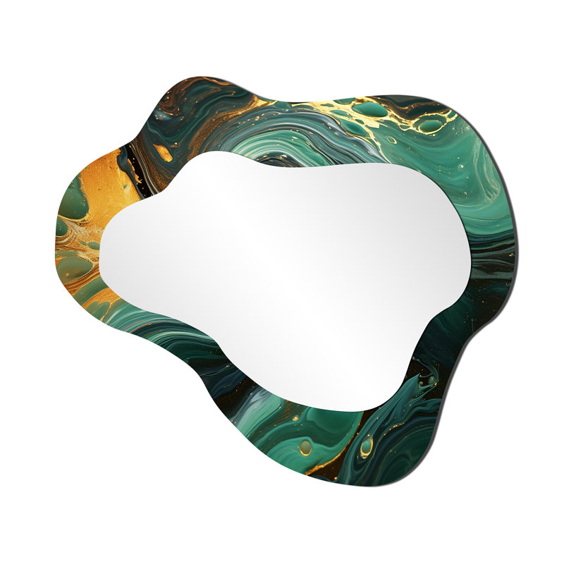 Abstract green and gold Marble river II - Marble Asymmetrical Large Mirror, Modern Unique Shape Decorative Wall Mirror, Printed Metal Art