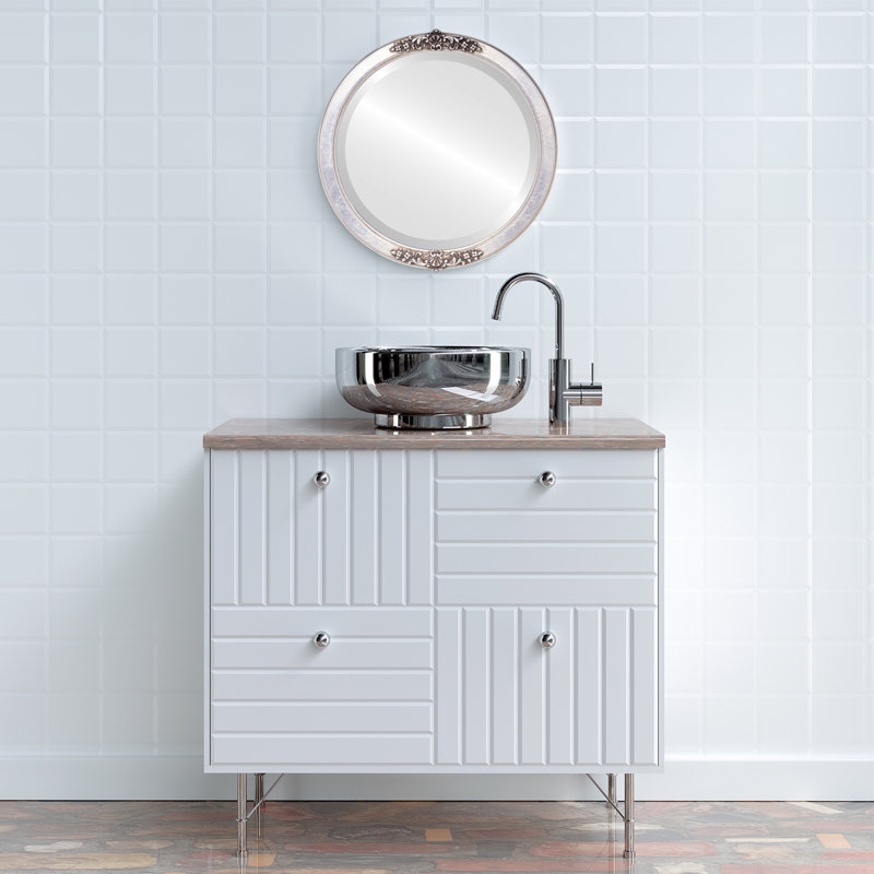 Miroir mural rond biseauté pour la décoration intérieure - Style Athena - Feuille d'or - Dimensions extérieures 16 x 16