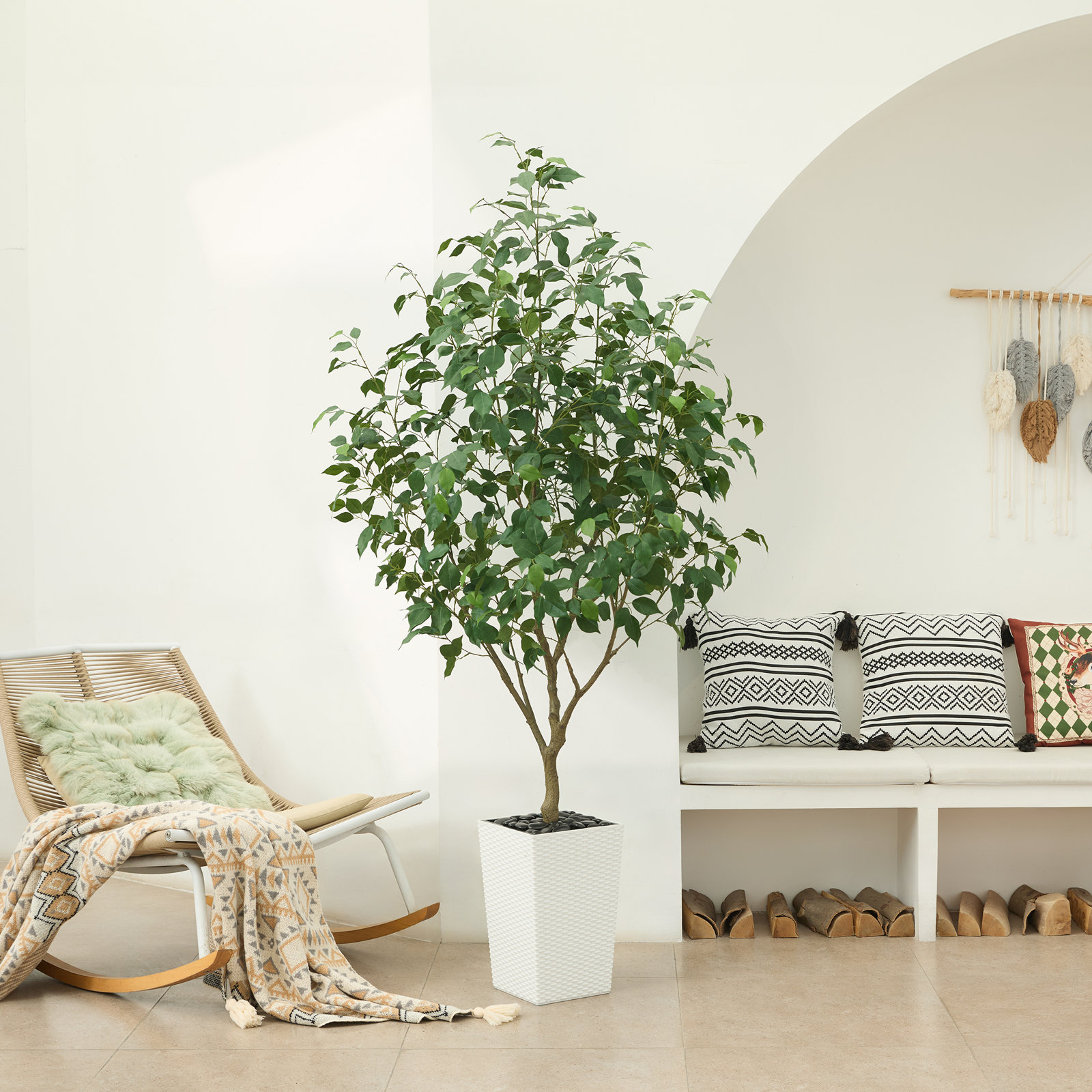 George Ficus Tree in Decorative Vase, 72" H x 24" W x 24" D, White