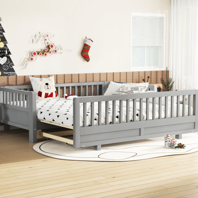 Lit plateforme simple, convertible en lit simple double, ton gris élégant et pin, structure sécuritaire pour lit d'invité, contreplaqué de pin, bords arrondis lisses, outils d'assemblage fournis