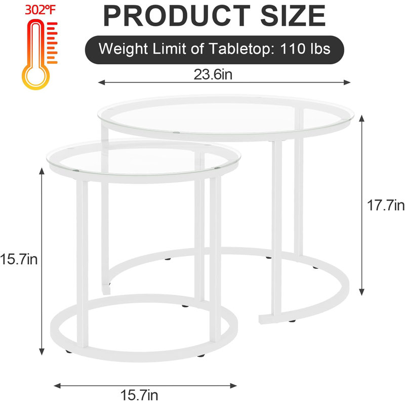 White Nesting Glass Table Set Of 2, Small Glass Round Nesting Tables For Living Room Bedroom, Accent Tea Table With Metal Frame Modern Industrial Simple