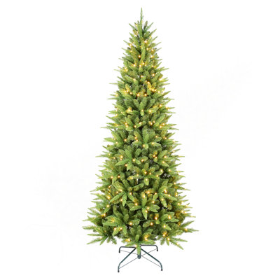 Arbre de Noël mince de 4 pi avec 150 lumières DEL blanc chaud - 424 pointes en PE + PVC, conception à charnières peu encombrante, installation facile, support en métal robuste - arbre à crayons réaliste pour les petits espaces