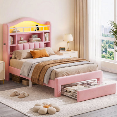Lit simple tapissier à DEL simple avec 2 tiroirs sous le lit, tête de lit arquée et rangement tout-en-un