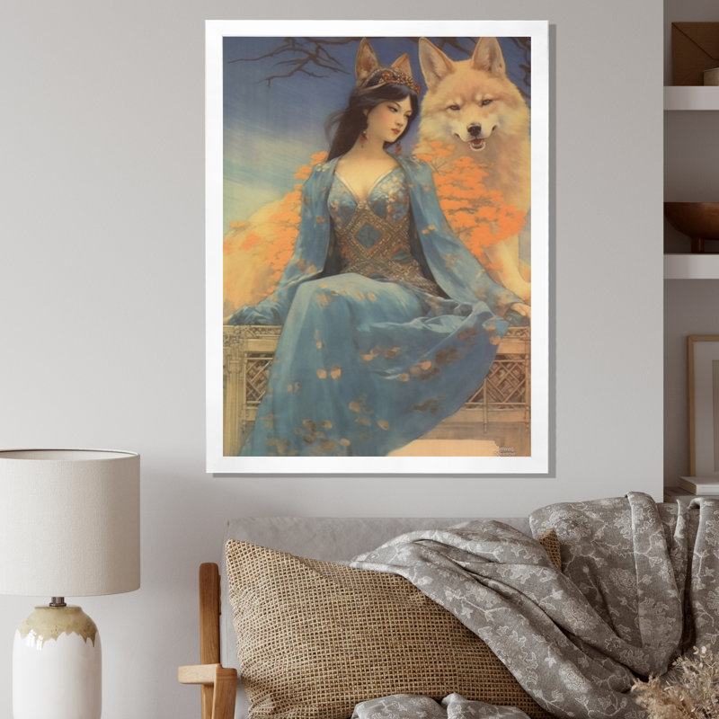 Cosmic Fox with Mystical Woman - reproduction sur toile, H 32 po x l 24 po x P 1 po, Cadre simple blanc
