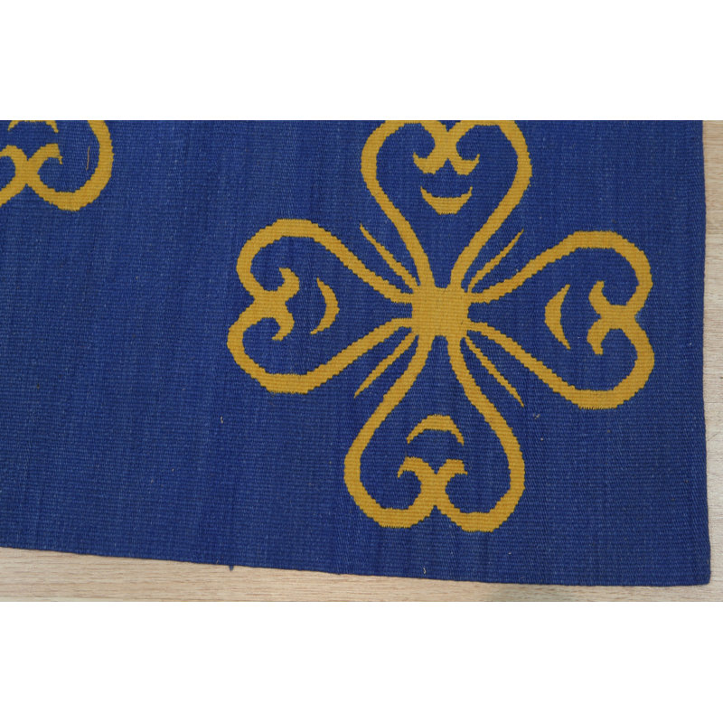 Blue Handwoven Wool Stylized Clover Motif Geometric Modern Contemporary Carpet Rug, 9' x 12'