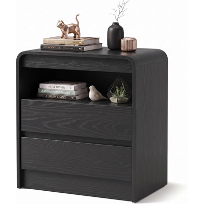 Curved Nightstand, Bedside Table with Drawers and Open Shelf