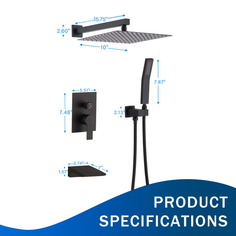 10" Rainfall Tub And Shower System With Handheld Spray And Tub Spout, Wall Mounted Shower Faucet Set With Pressure Balance Valve
