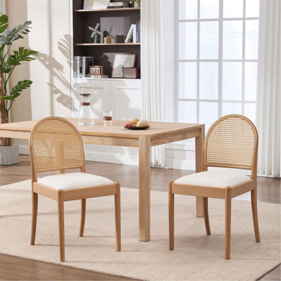 Ensemble de 2 chaises de salle à manger en rotin, chaises de salle à manger rembourrées en lin avec dossiers, chaises de cuisine modernes avec pieds en bois pour la salle à manger