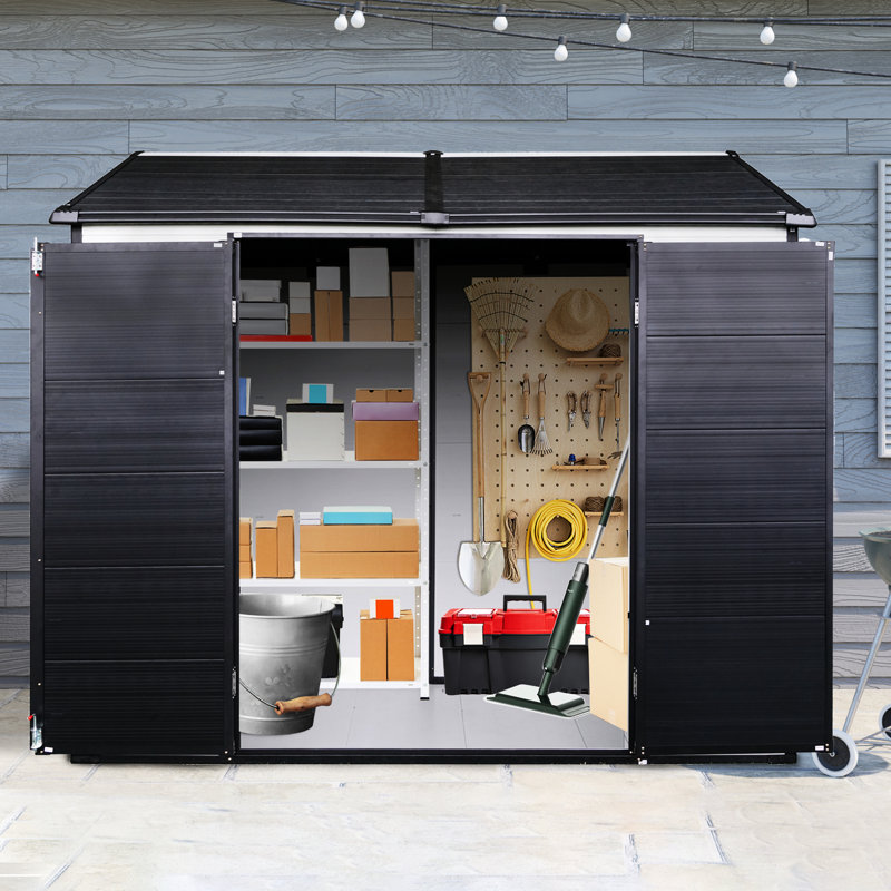 8X6 Ft Resin Shed For Garden, Patio - Waterproof With Sloping Roof & Two Windows Grey White 8*6 Ft Outdoor Storage Lockable Door Ventilation